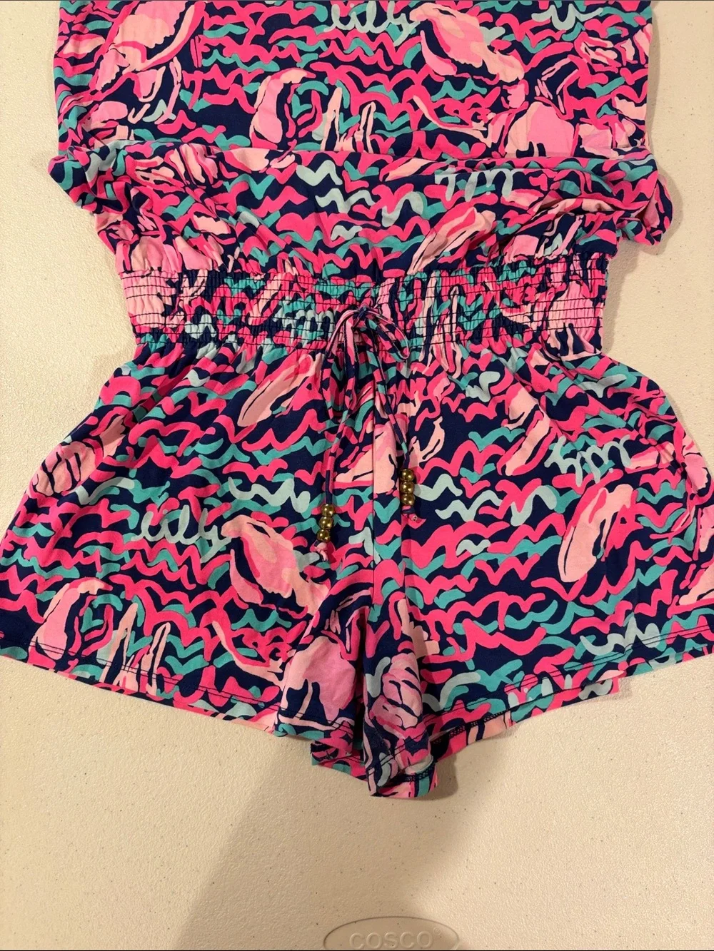 Lilly Pulitzer Navy Romper with Pink and Teal Print